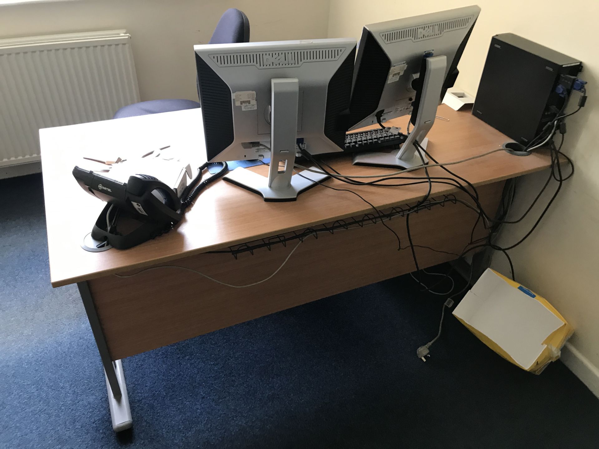 Contents of Office, including two cantilever framed desks, three desk pedestals, disk rack and three - Image 2 of 3