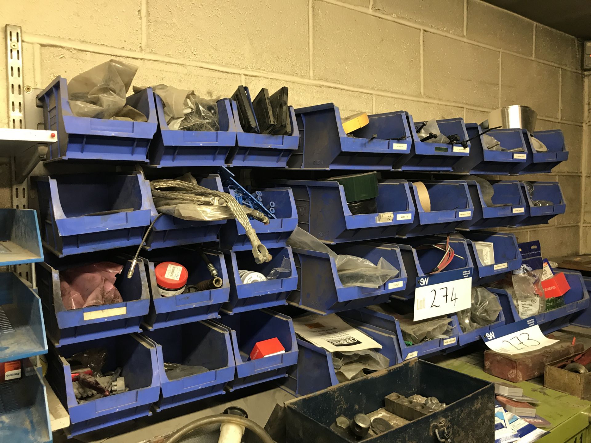 Assorted Lin Bins, with contents of screws, fixings, tape and cable ties (lot located at Bedfords