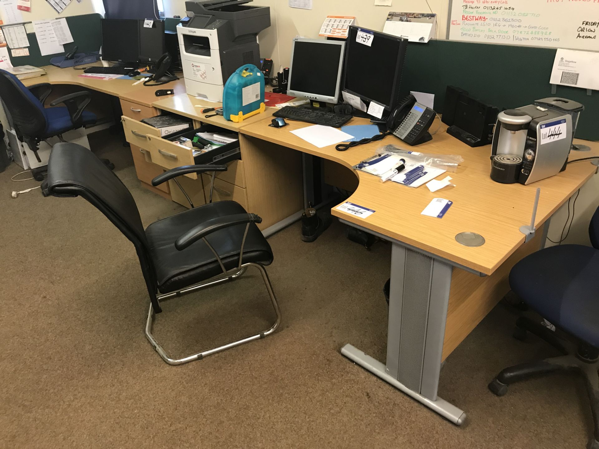 Contents of Office, including three cantilever framed desks, four desk pedestals, mobile shelf