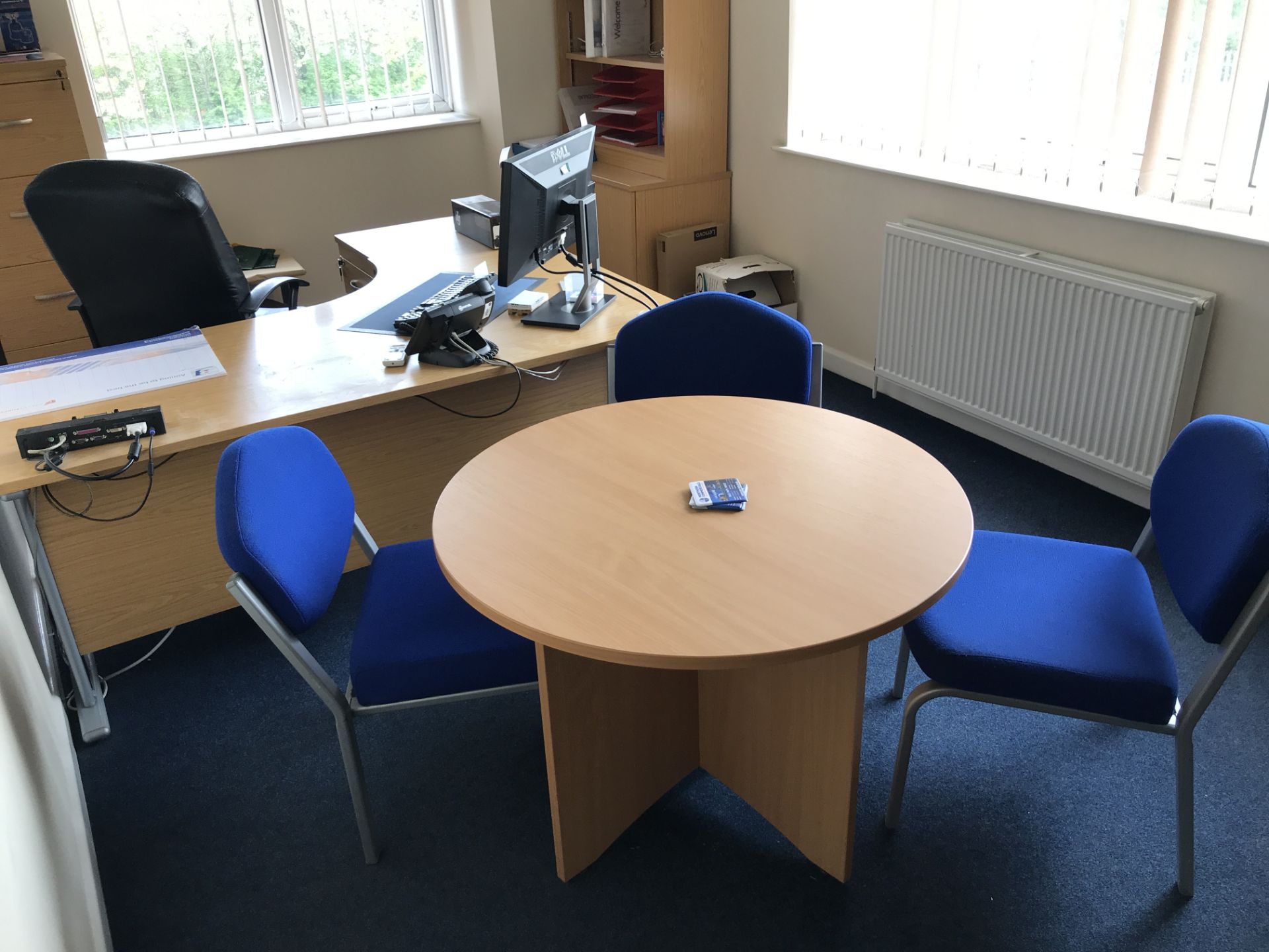 Contents of Office, including curved front cantilever framed desk, double door cabinet, four