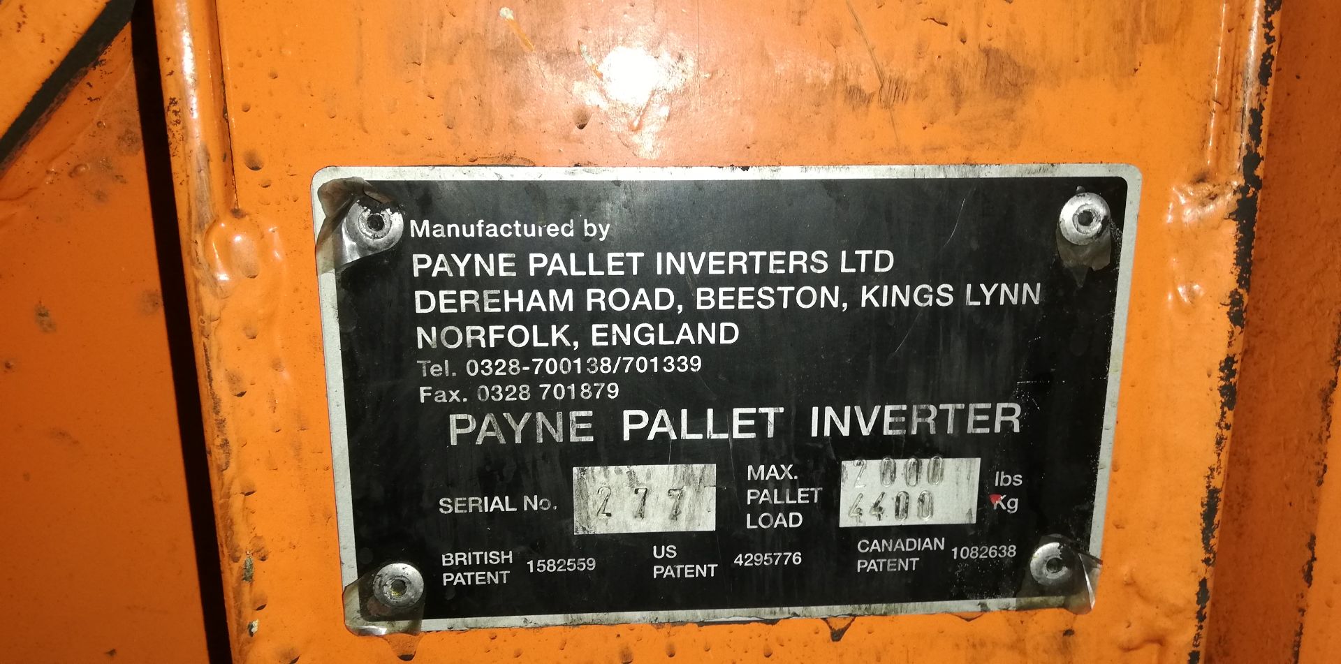 Payne Pallet Inverters Pallet Turner, serial no. 277, max load 2000kg (lot located at Bedfords - Image 5 of 5