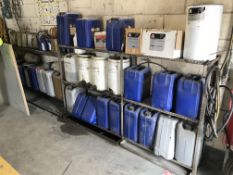 Assorted Hydraulic Oil & Battery Acid, with rack (lot located at Bedfords Limited (In