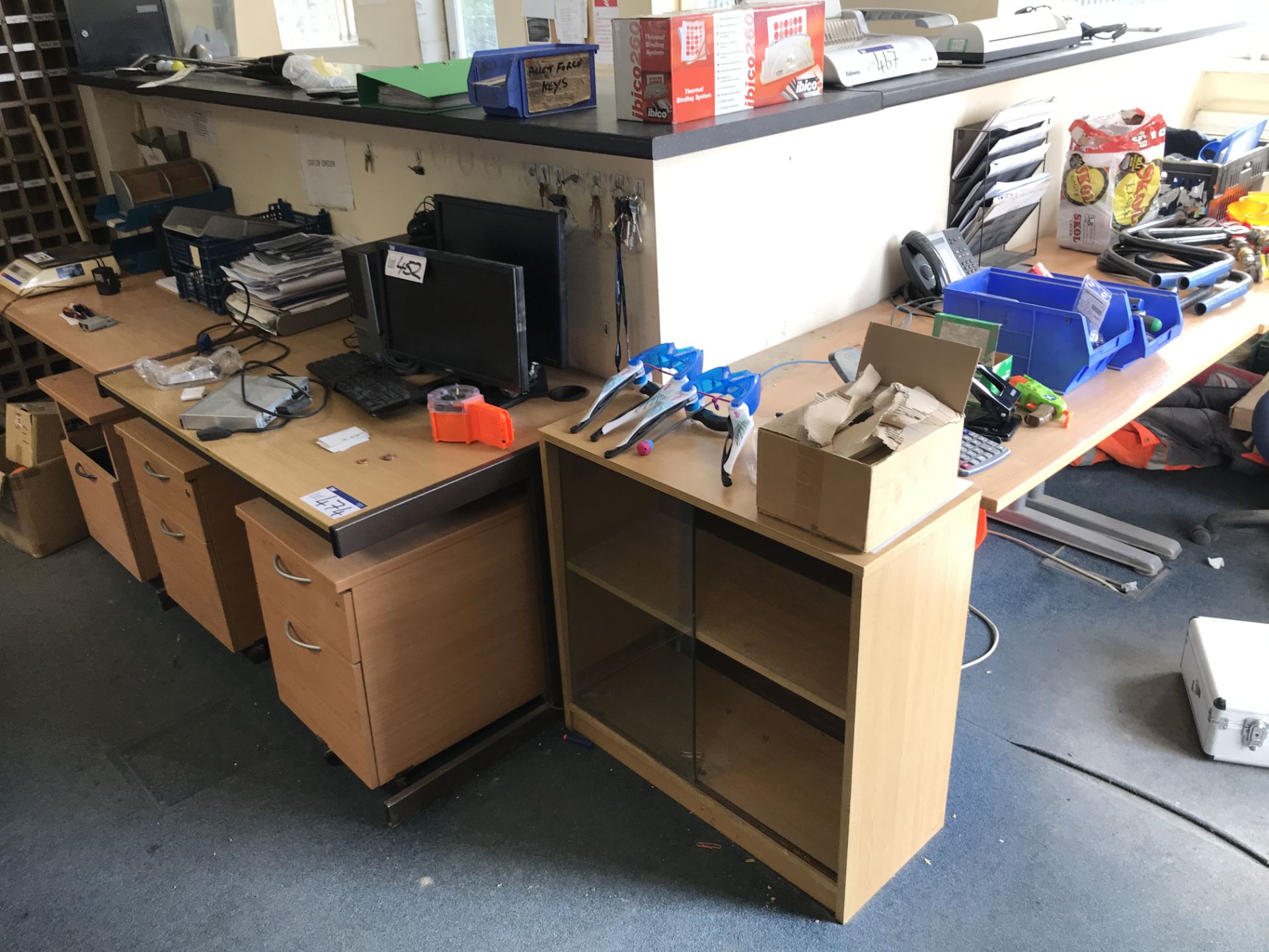 Four Cantilever Framed Desks, Glazed Front Cabinet & Three Desk Pedestals (lot located at Bedfords