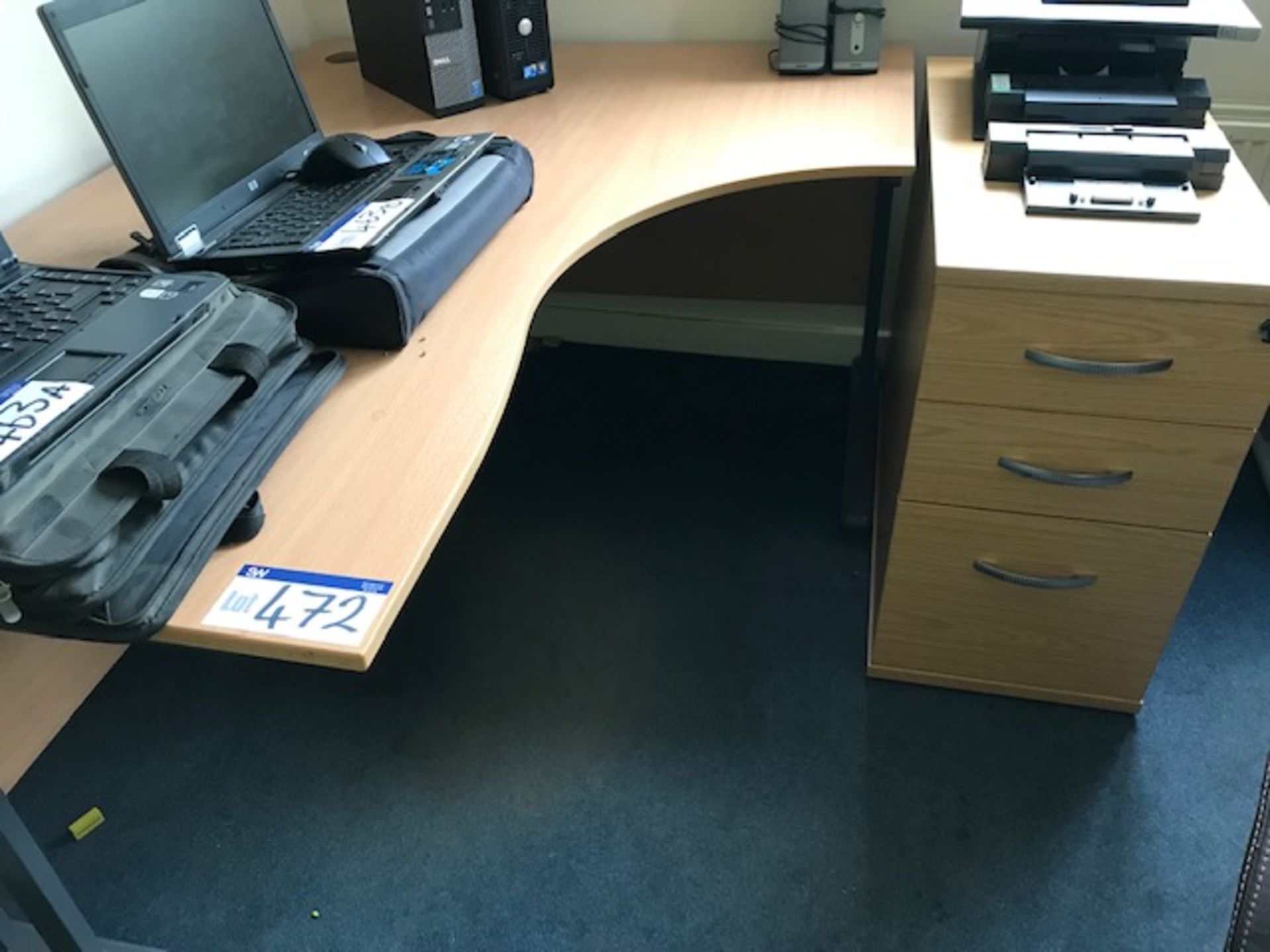 Contents of Office, including two curved front cantilever framed desks, four desk pedestals and