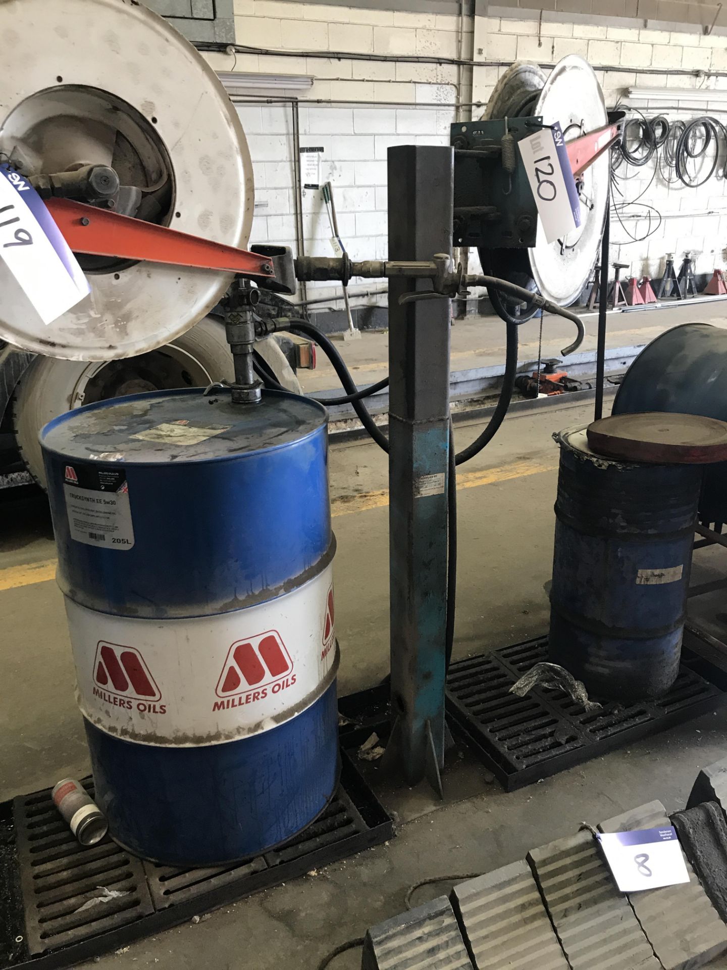 Oil Dispenser, with hose reel, oil drum and drip tray (lot located at Bedfords Limited (In - Image 4 of 4