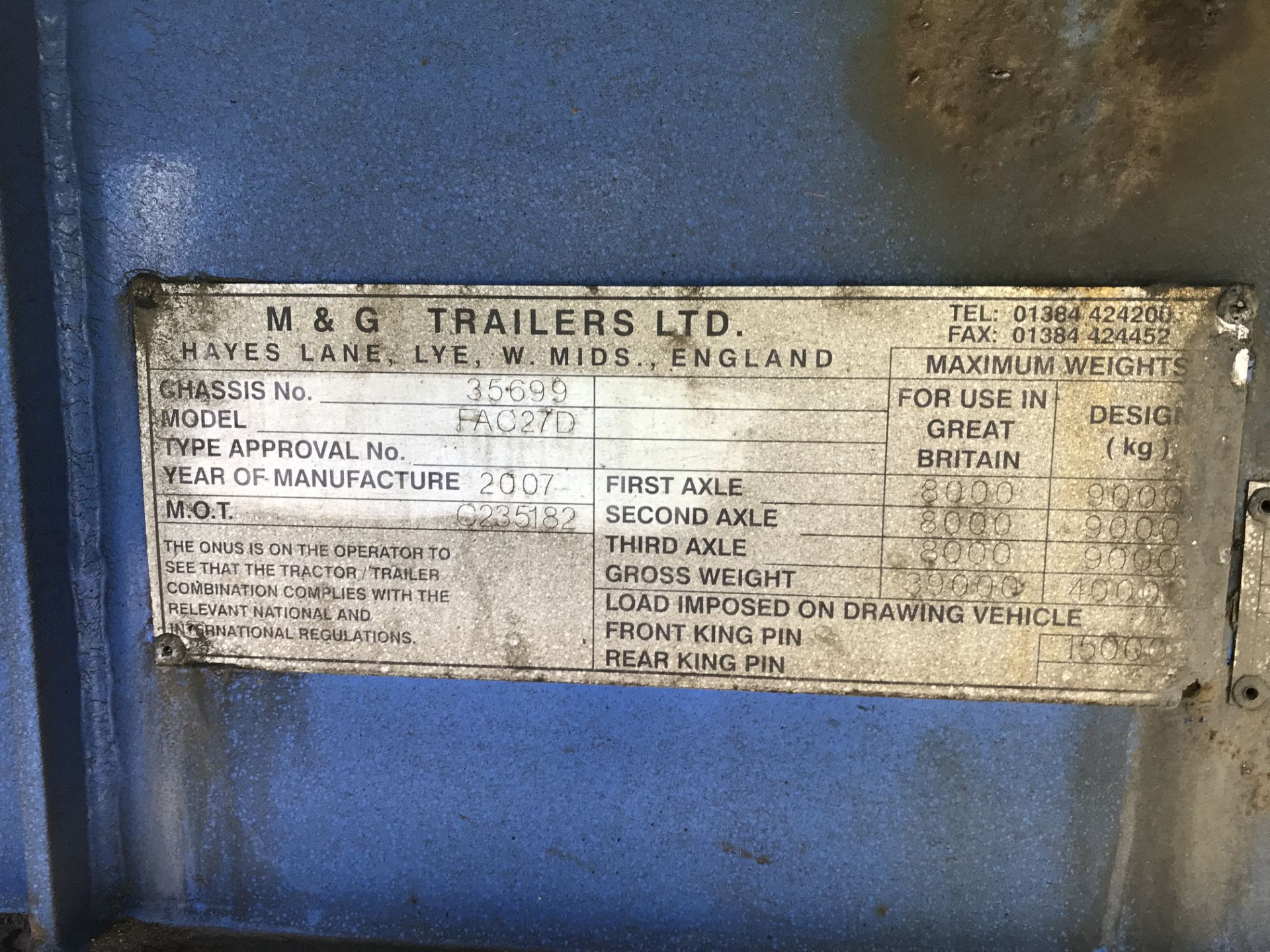 M & G Trailers 13.6m Tri-Axle Curtainside Single Deck Semi-Trailer, chassis no. 35699, ID no. - Image 6 of 6