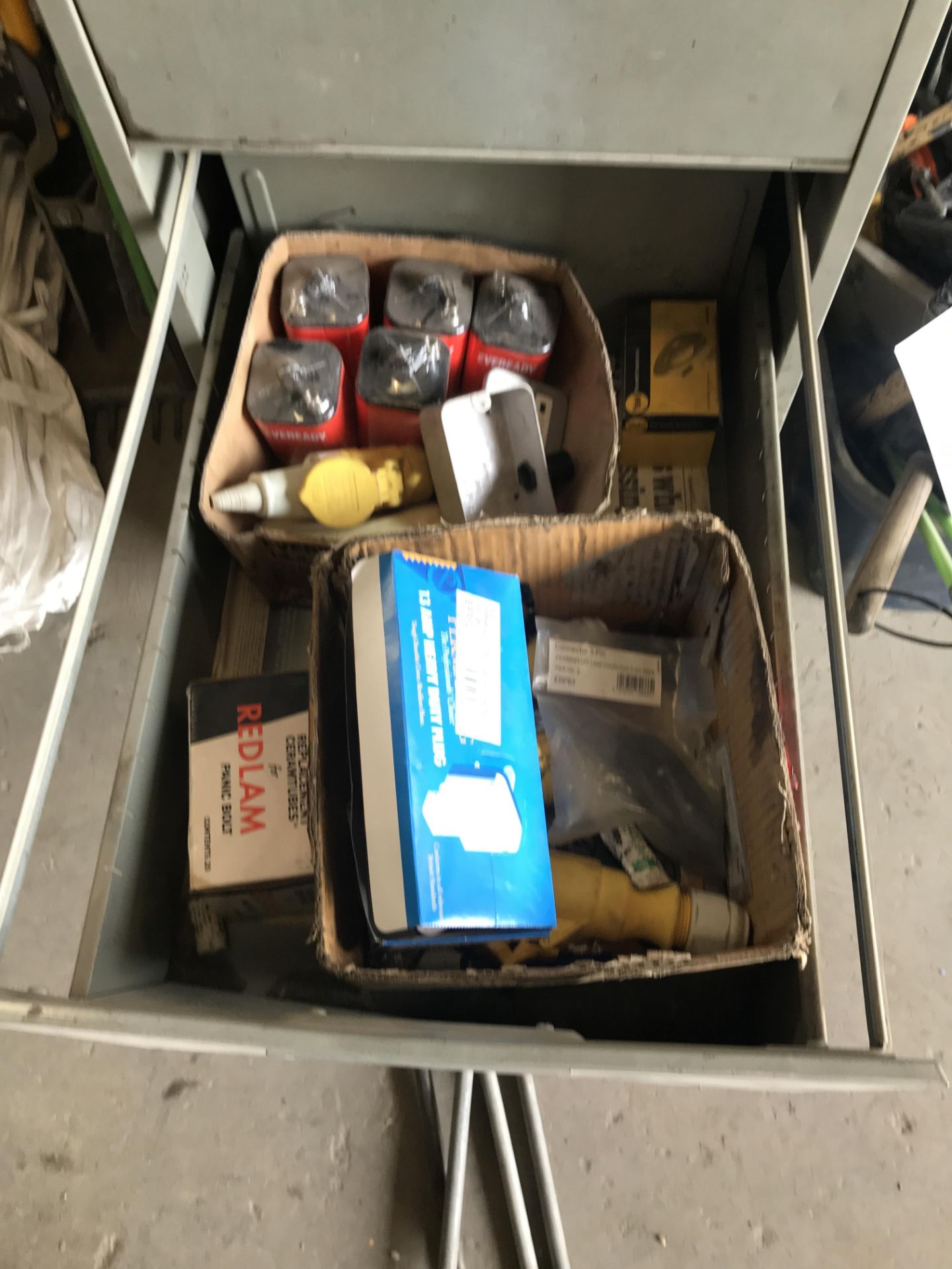 Four Drawer Steel Filing Cabinet, with contents including bulbs and electrical accessories (lot - Image 3 of 4