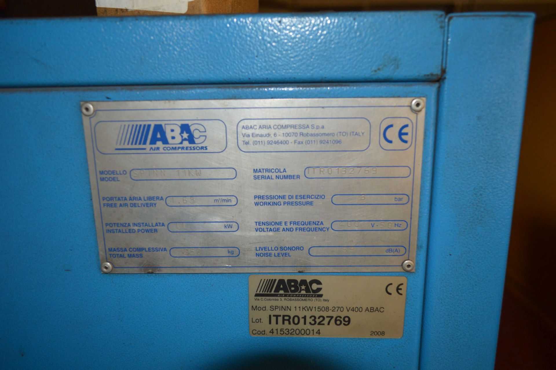 Abac Spinn 11kW Horizontal Receiver Mounted Air Compressor, serial no. ITR0132769, 1.65m³/min free - Image 2 of 2