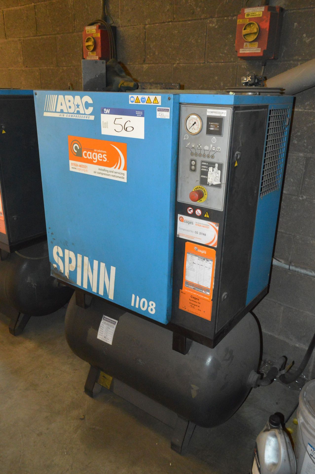 Abac Spinn 11kW Horizontal Receiver Mounted Air Compressor, serial no. ITR0132009, 1.65m³/min free
