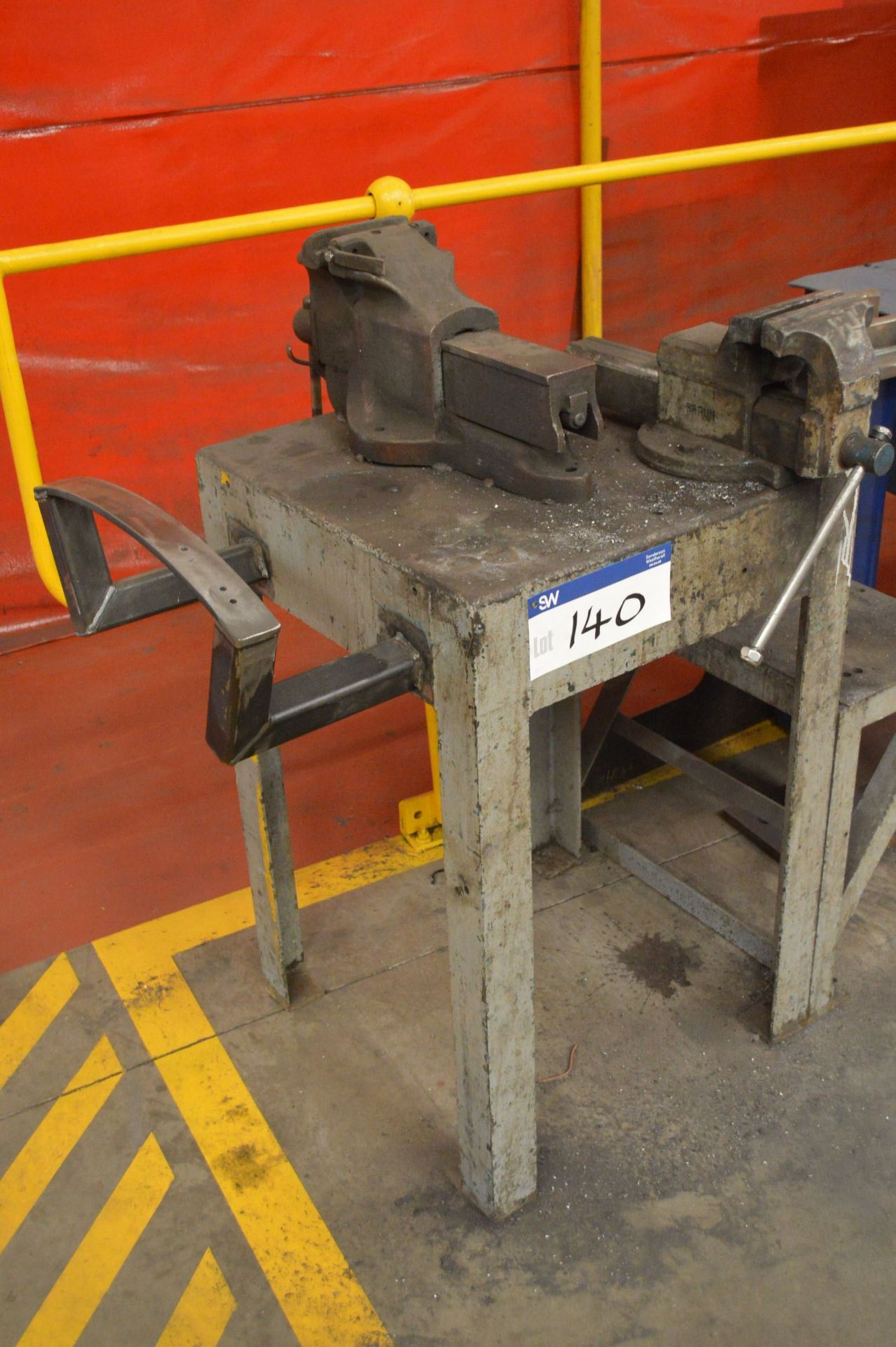 Fabricated Steel Bench, approx. 600mm x 600mm, with two engineers bench vices
