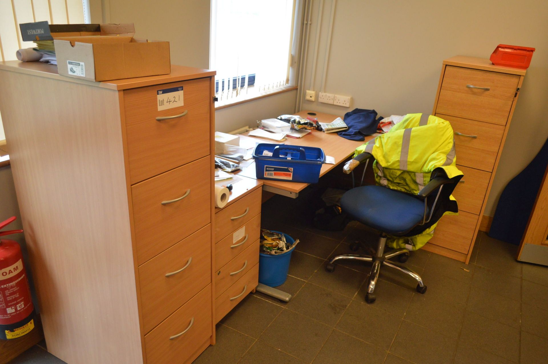 Remaining Office Furniture, including beech effect curved work station, two four drawer filing