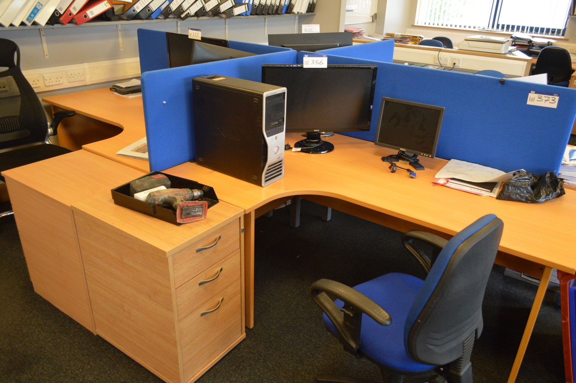 Four Station Pod, comprising four beech effect curved work stations, 1800mm, four beech effect three