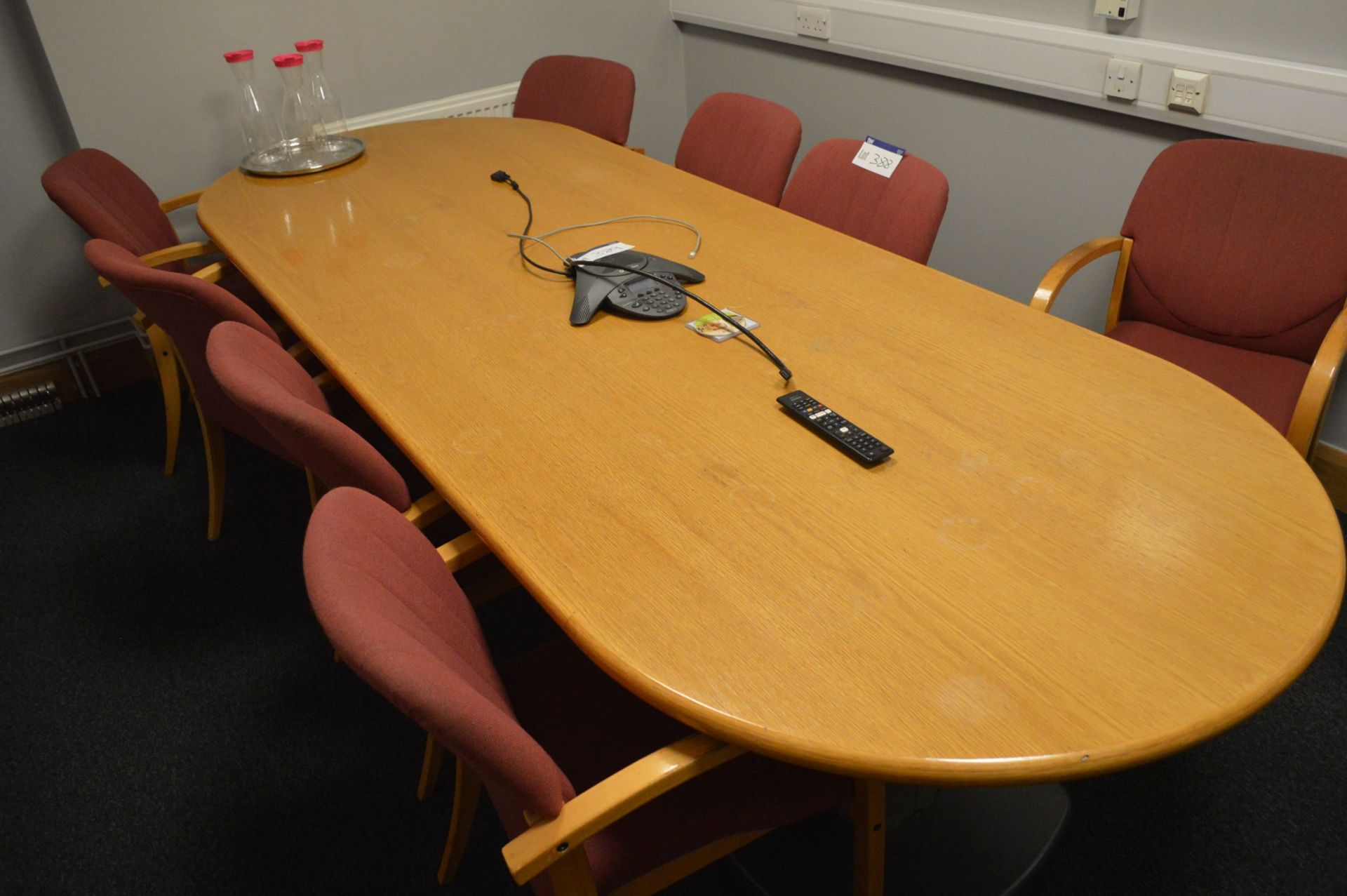Teak Effect Boardroom Table, 3m x 1.1m, with eight upholstered meeting chairs