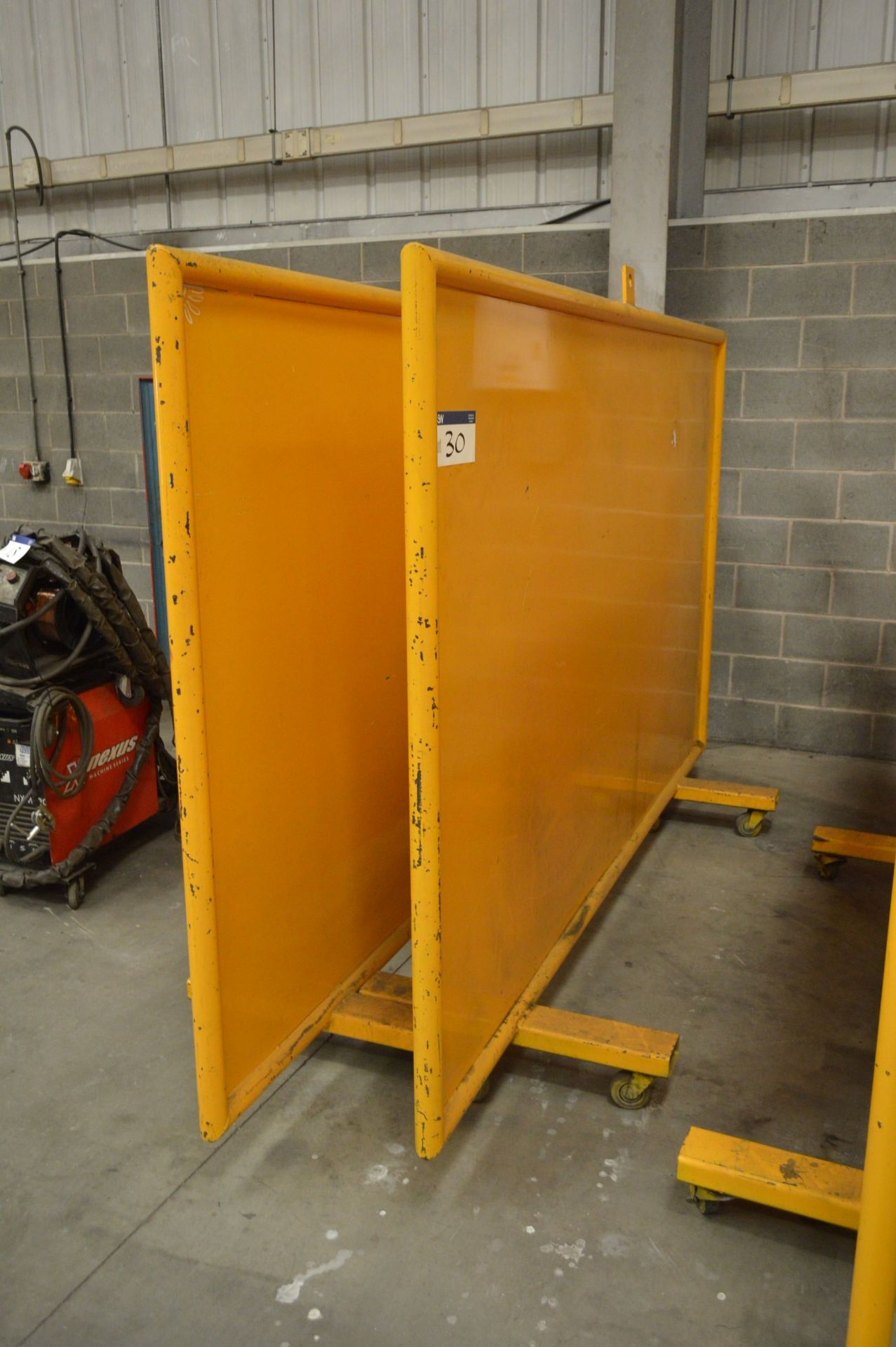 Two Tubular Steel Framed Welding Screens, each approx. 3m x 1.95m high