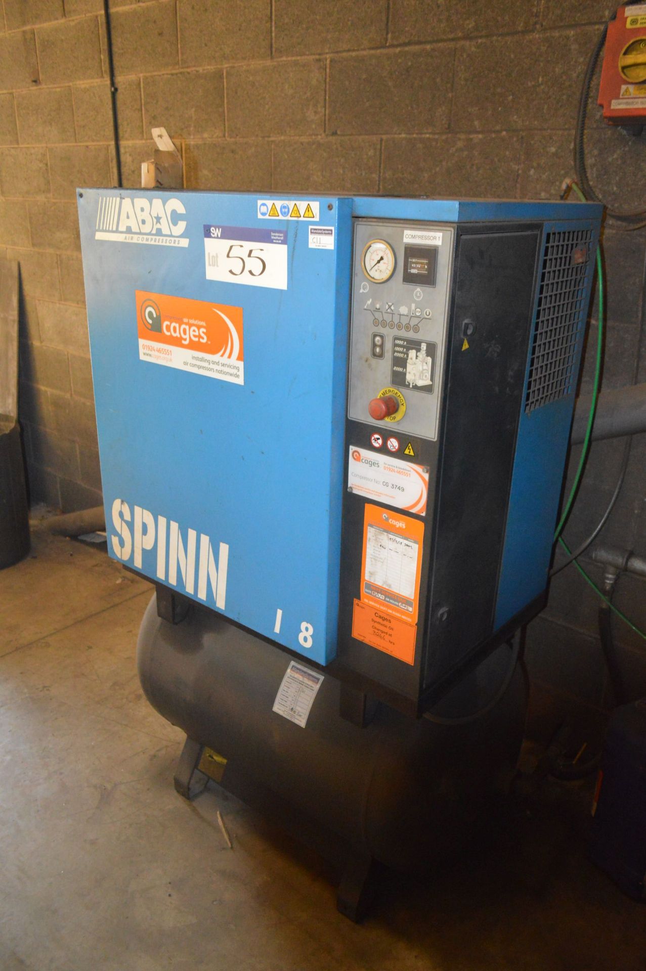 Abac Spinn 11kW Horizontal Receiver Mounted Air Compressor, serial no. ITR0132769, 1.65m³/min free