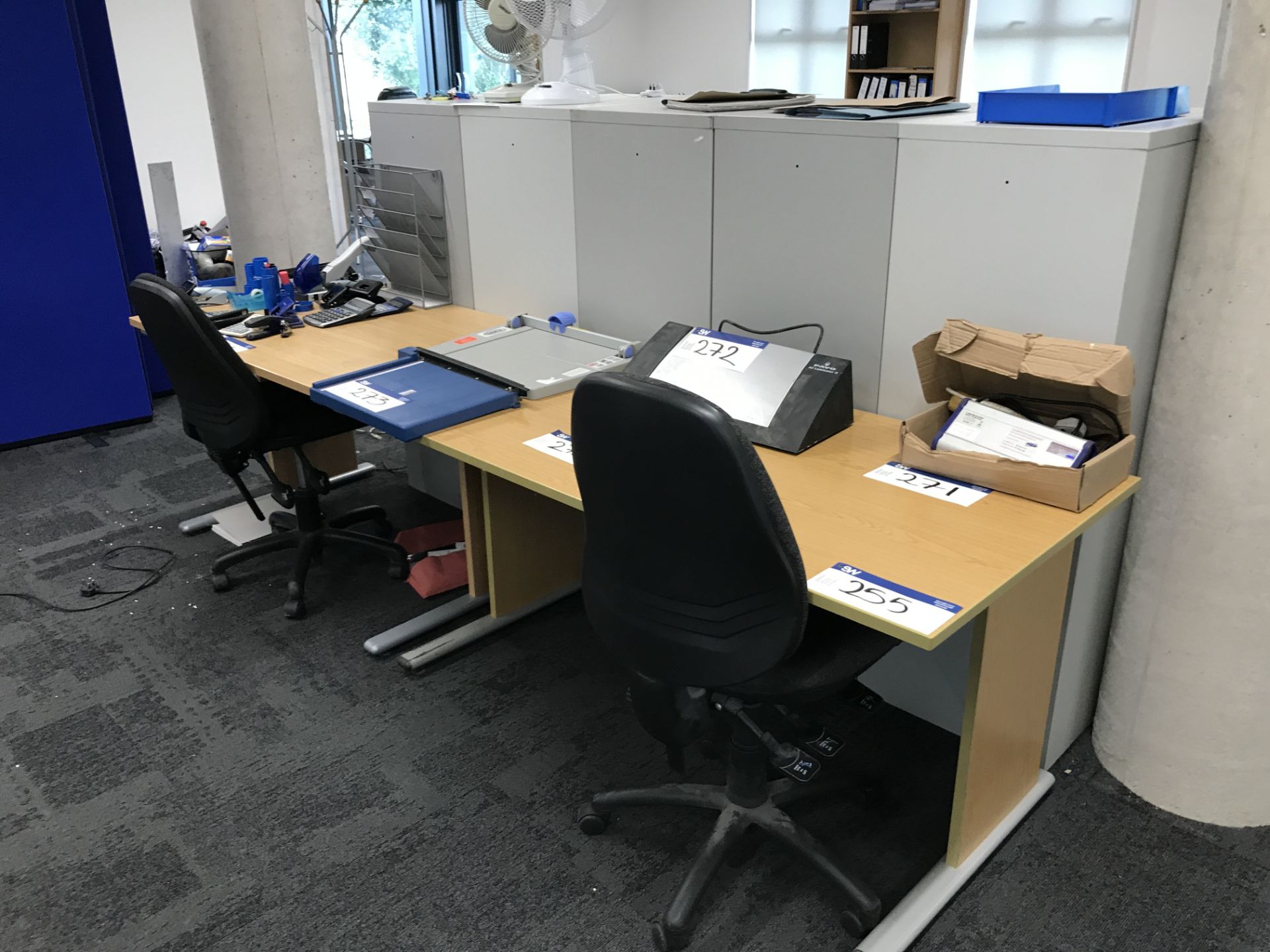 Two Cantilever Framed Desks & Two Fabric Upholstered Swivel Chairs