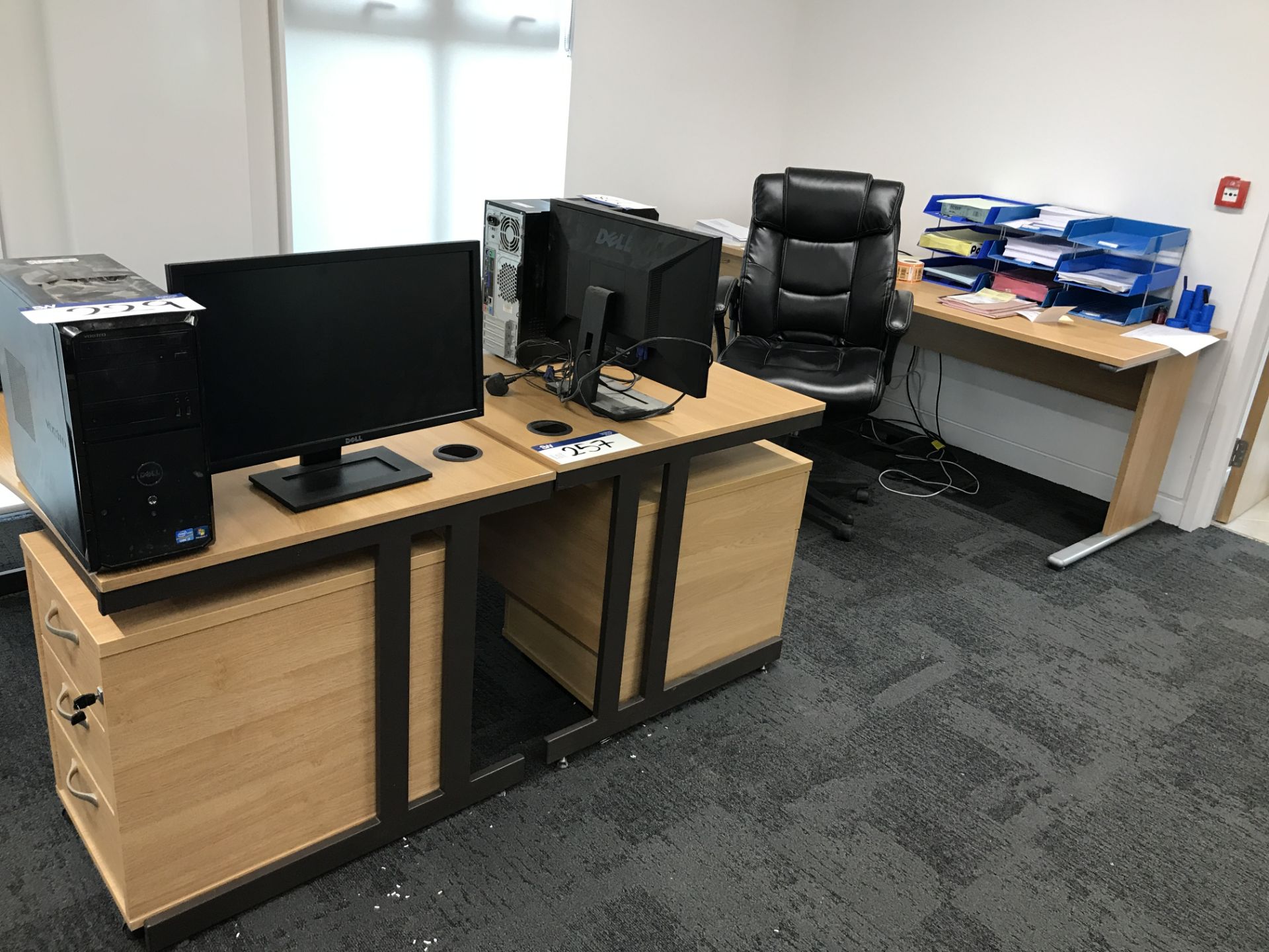 Two Curved Front Cantilever Framed Desks, Cantilever Framed Desk, Three Desk Pedestals & Leather