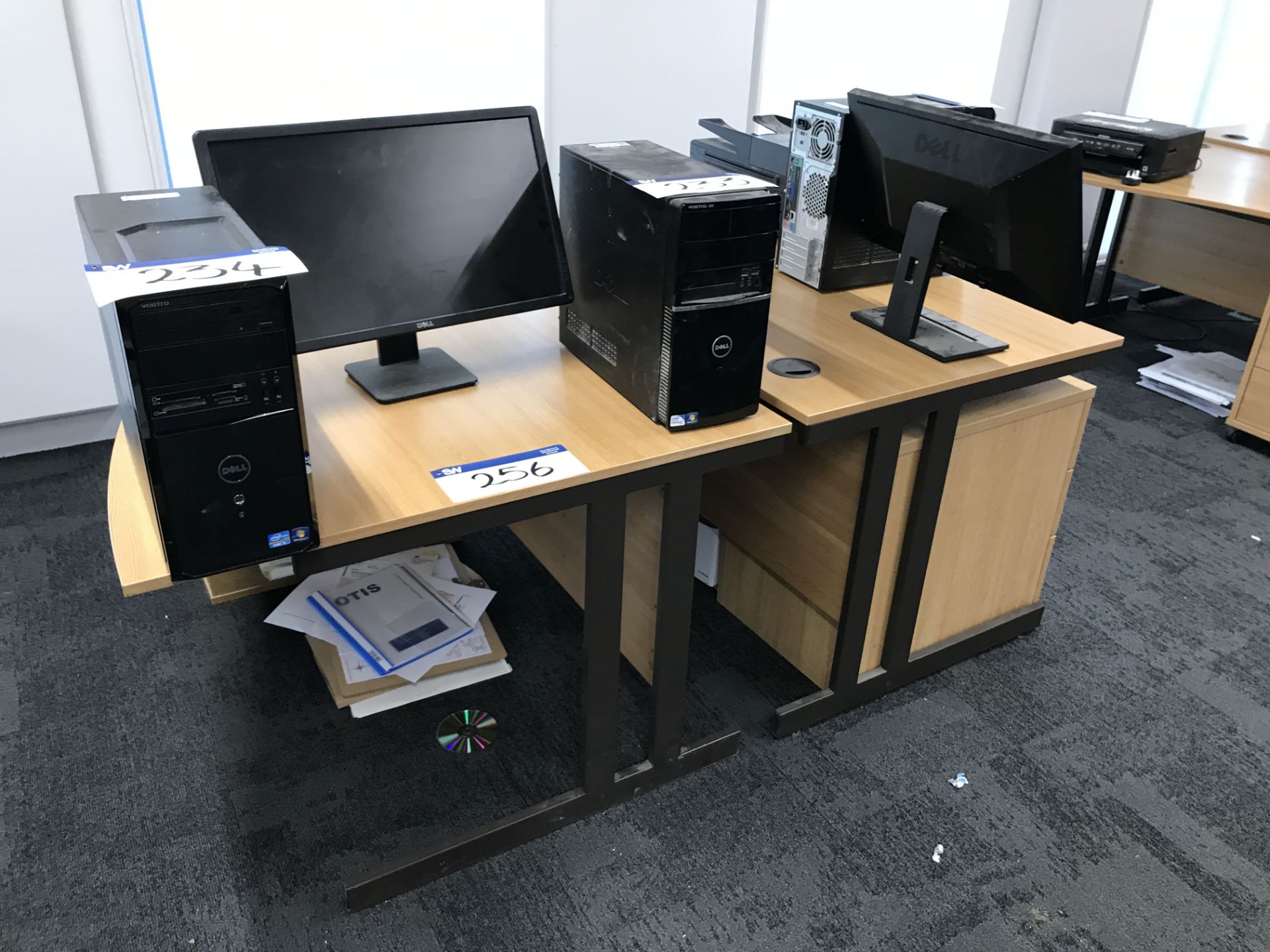 Two Curved Front Cantilever Framed Desks & Two Desk Pedestals