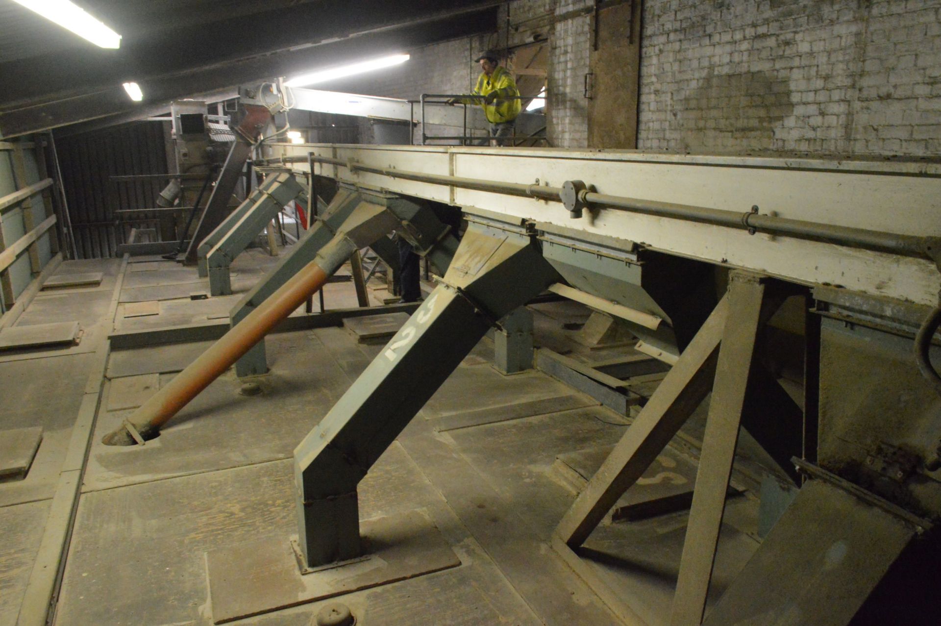 250mm Chain & Flight Conveyor, approx. 11.7m long, with nine discharge outlets and nine hand slides