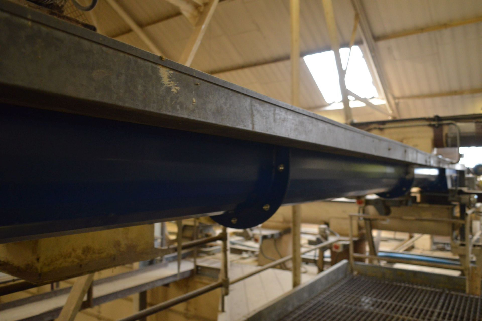 300mm dia. SCREW CONVEYOR, approx. 8.5m long, with geared electric motor, three discharge outlets