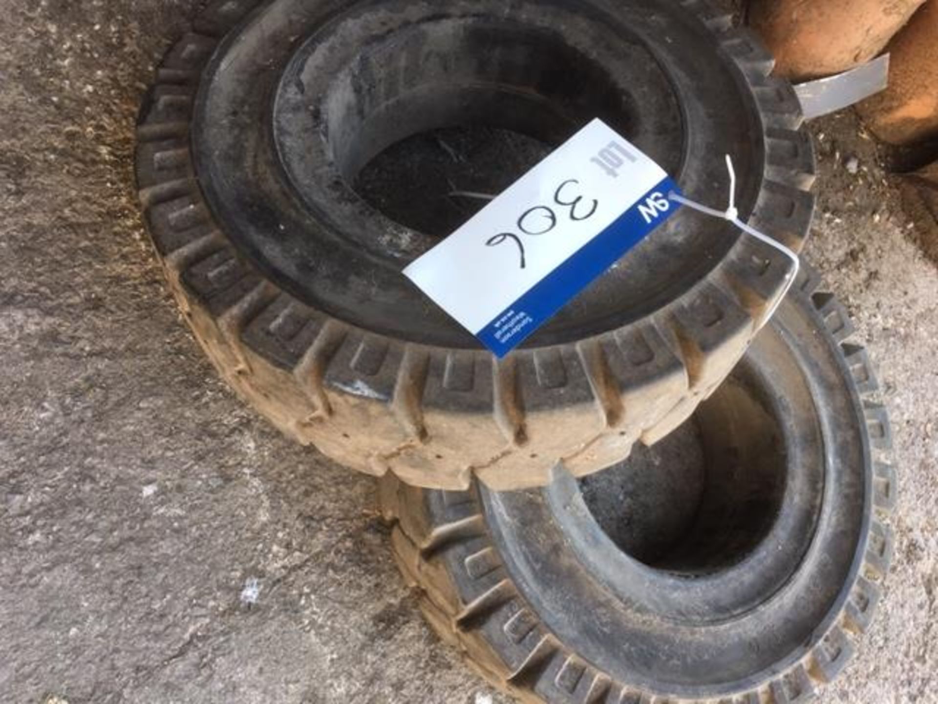 Two Solid Rubber Fork Truck Tyres, each 6.50 - 10