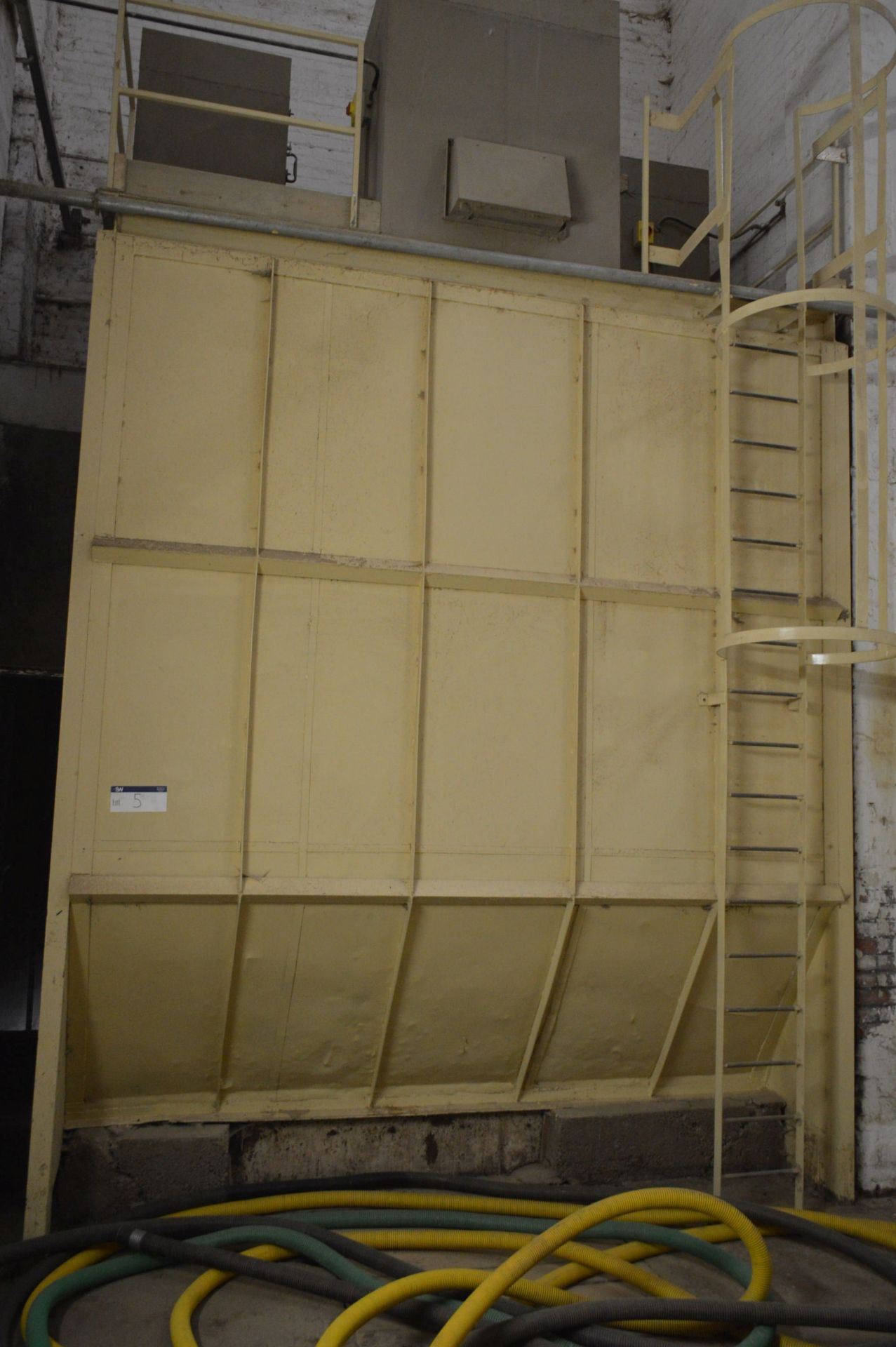 Welded Steel Dust Intake Housing, approx. 3.4m x 2.5m x 4.2m high, with hooped steel access ladder