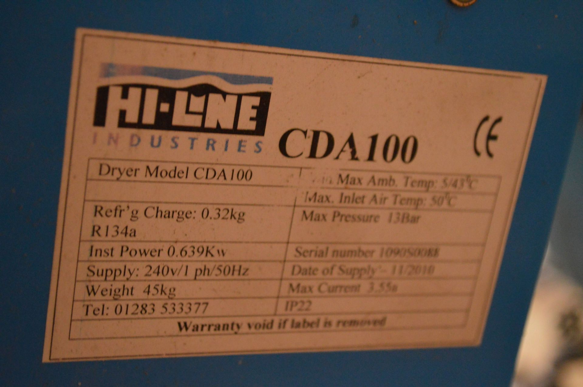 Hi-Line CDA100 Air Dryer, serial no. 1090S0088, refrigerant R134a, with two filters - Image 4 of 4