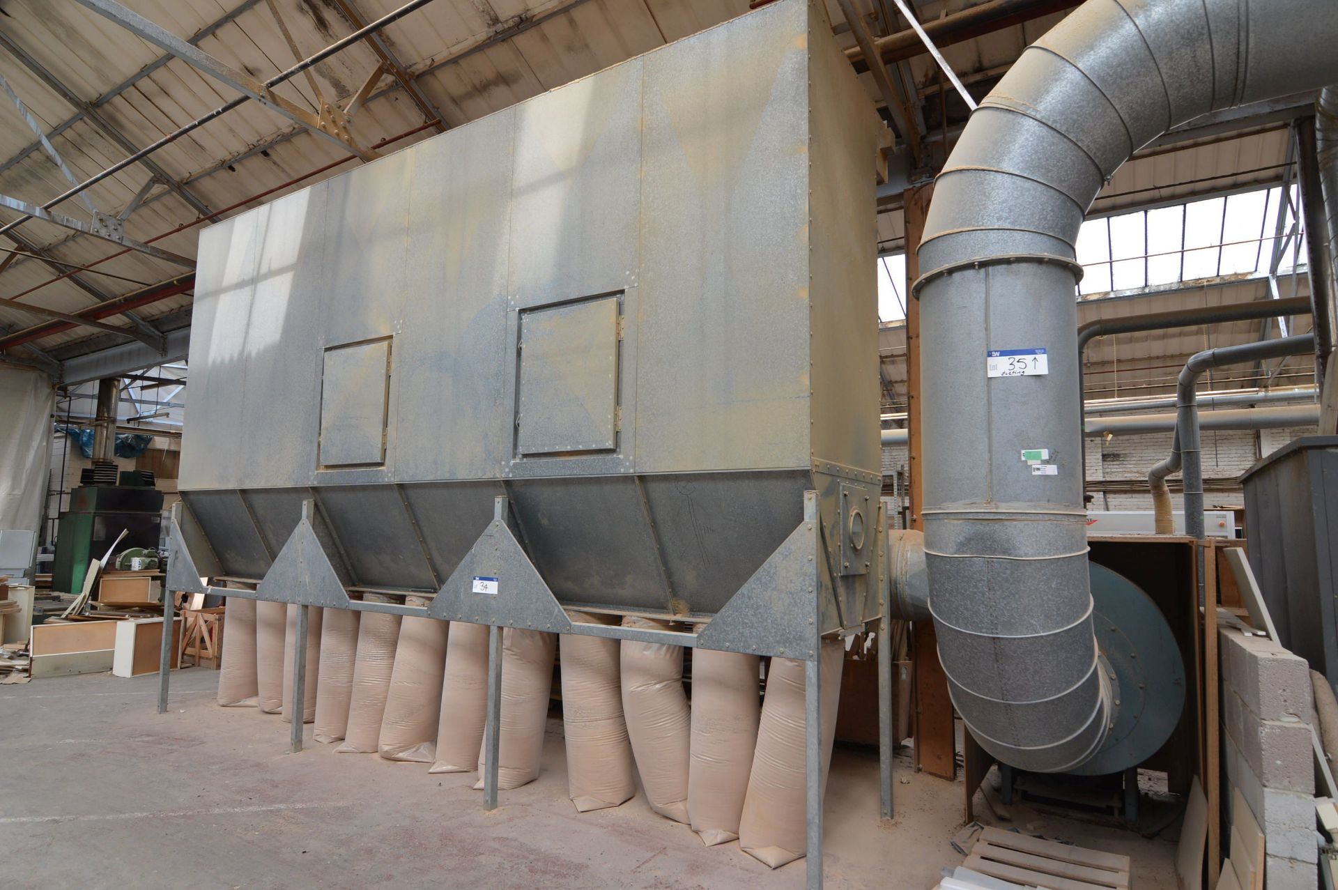 GALVANISED STEEL CASED 12-BAG DUST COLLECTION UNIT, with centrifugal fan and ducting to first bolted