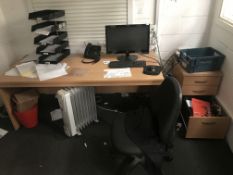 Contents of Warehouse Office, including wood desk, two desk pedestals, shelving unit, fabric