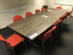 Two Section Boardroom Table, approx. 3m long, with ten fabric upholstered stand chairs, side table