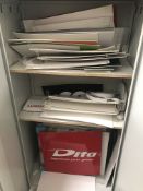 Roneo Double Door Steel Cabinet, with contents including branded signs