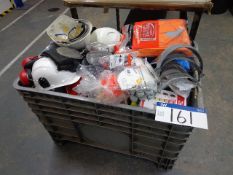 Assorted PPE, with plastic crate