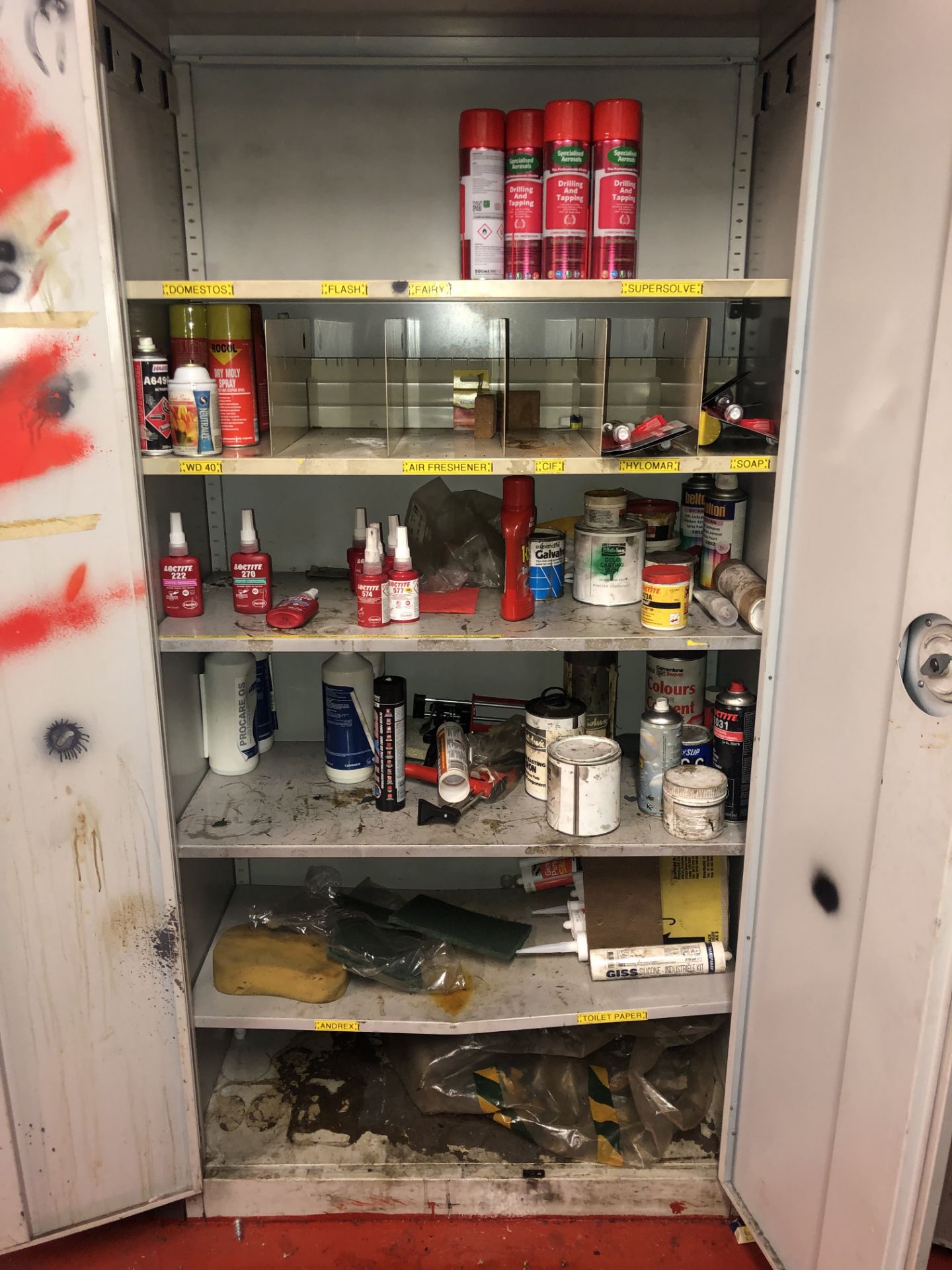 Double Door Steel Cabinet, with assorted paints & aerosols