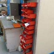 Quantity of Stacking Bins, with contents including electrical components, fixings and fastenings