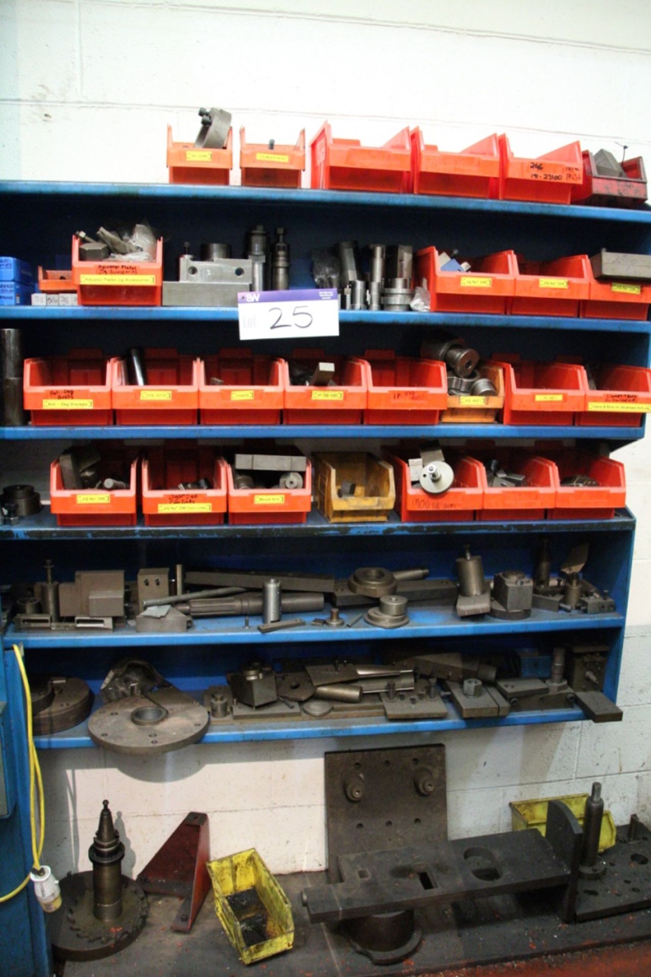 Multi-Tier Wall Rack, with contents of tooling and tooling set out on floor underneath