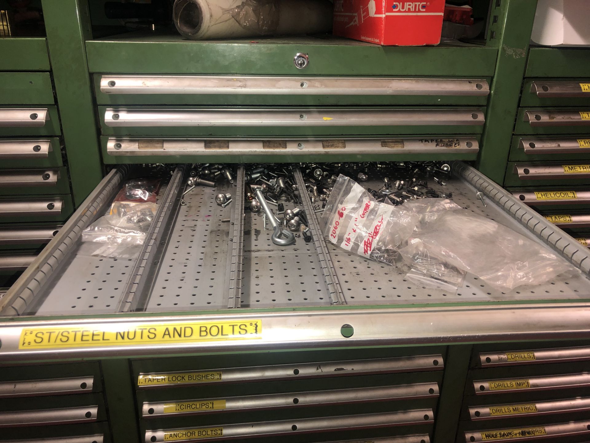 Four Section Multi-Compartment Steel Stock Storage Unit, including helicoil, dye nuts, masonry drill - Image 2 of 41