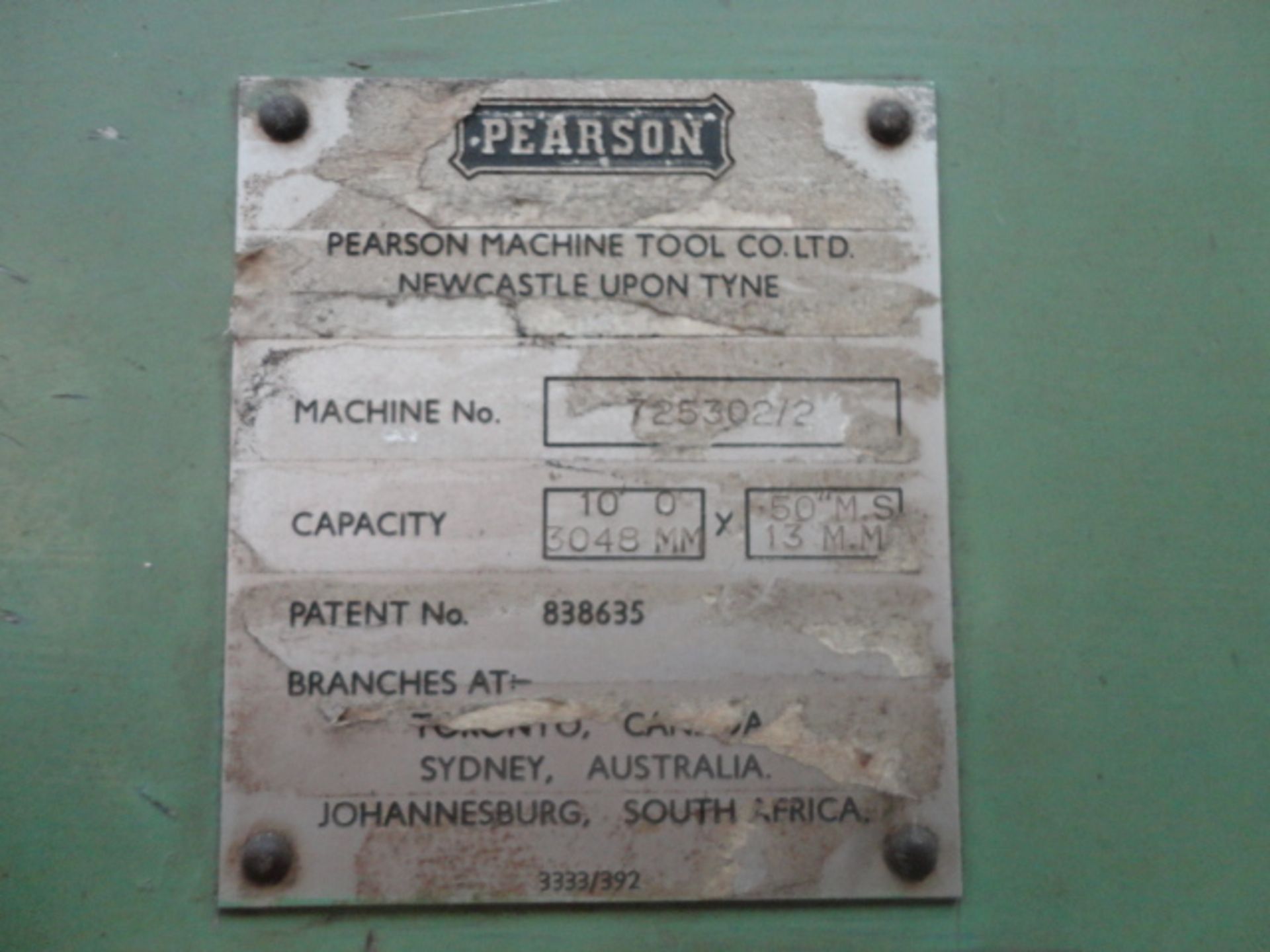 Pearson 3048mm x 13mm Guillotine Shear, machine no. 725302/2, patent no. 838635, with safety fencing - Image 4 of 6