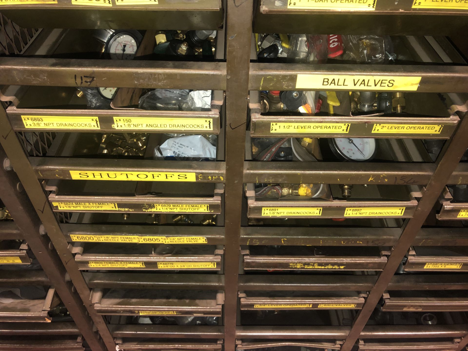 Multi-Drawer Shelving, with stock including needle valves, male elbows, ball valves, shut-offs - Image 8 of 17