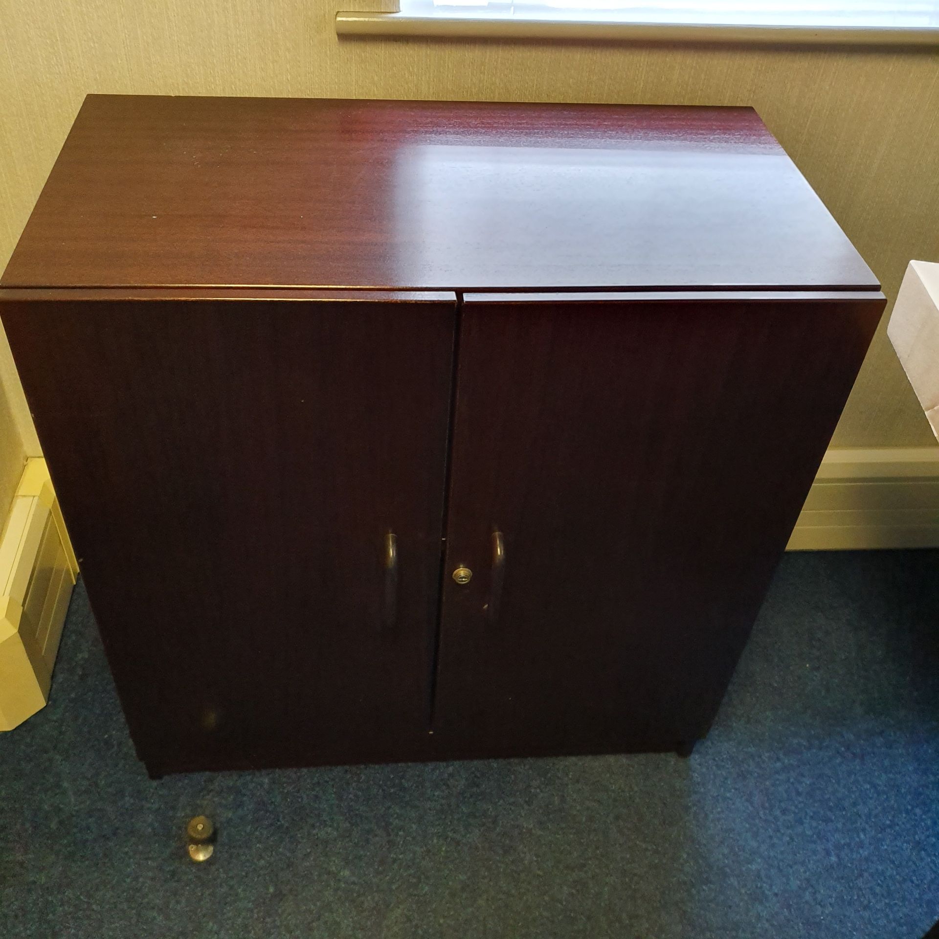 Curved Front Desk, with two desk pedestals, side board, tambour door cabinet, three steel four - Image 4 of 4