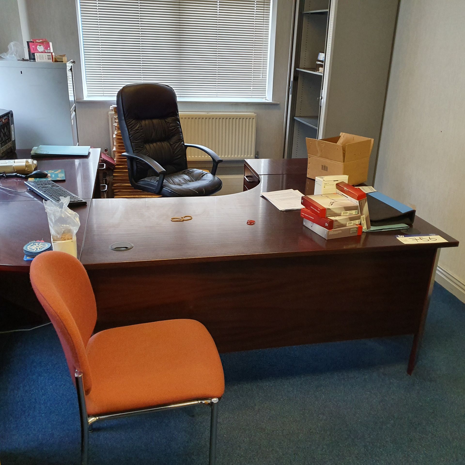 Curved Front Desk, with two desk pedestals, side board, tambour door cabinet, three steel four