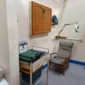 Contents of First Aid Room, including first aid kits, armchair, crutches, double door mobile drawers