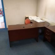 Office Furniture, including two curved front desks, two fabric upholstered chairs, glazed front