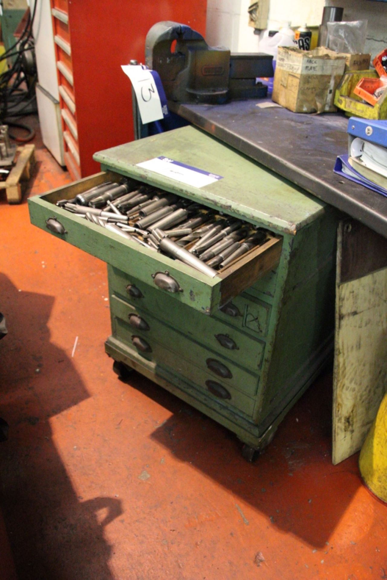 Multi-Drawer Mobile Timber Chest, with contents, mainly comprising machine tooling