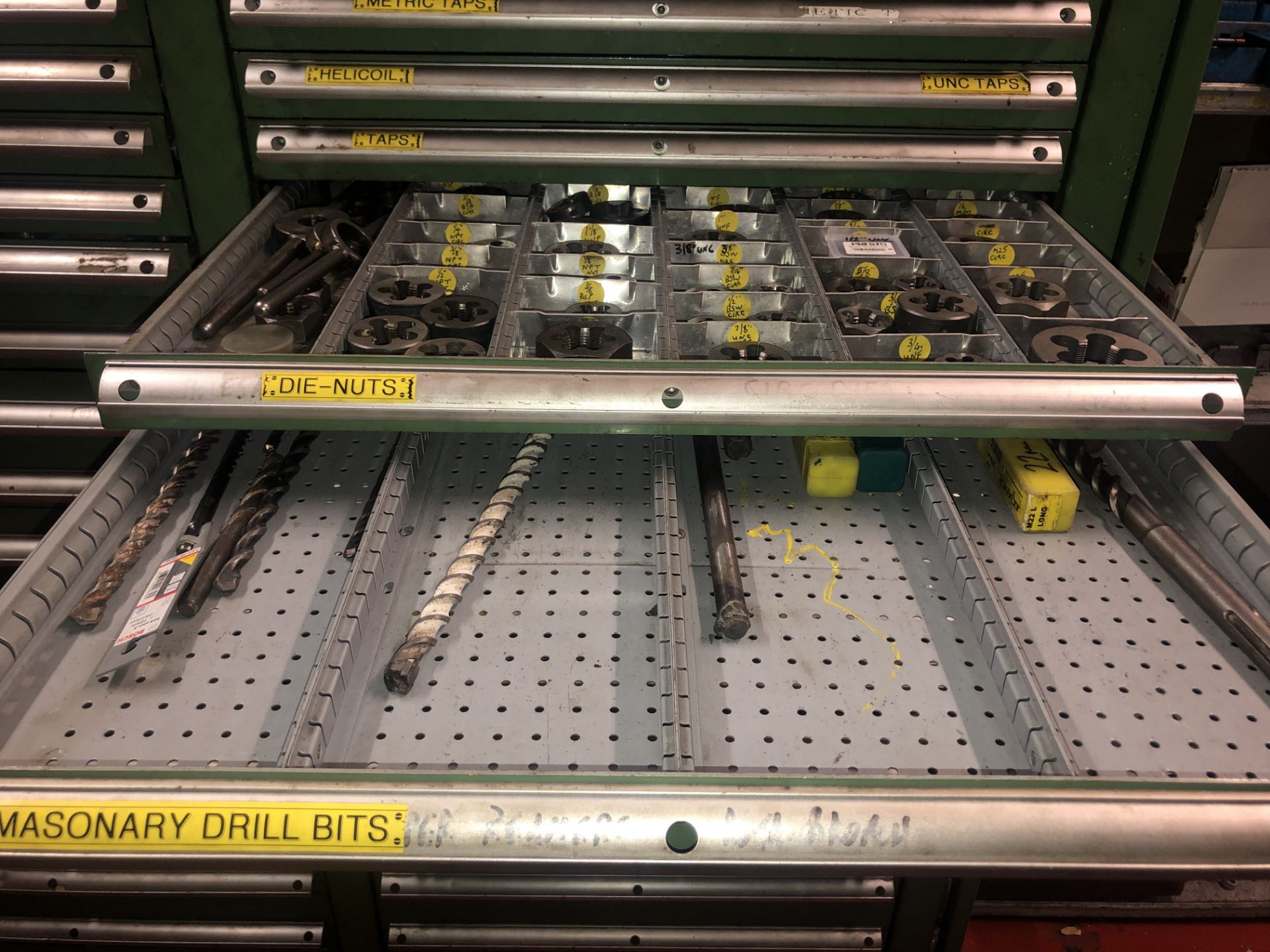 Four Section Multi-Compartment Steel Stock Storage Unit, including helicoil, dye nuts, masonry drill - Image 35 of 41