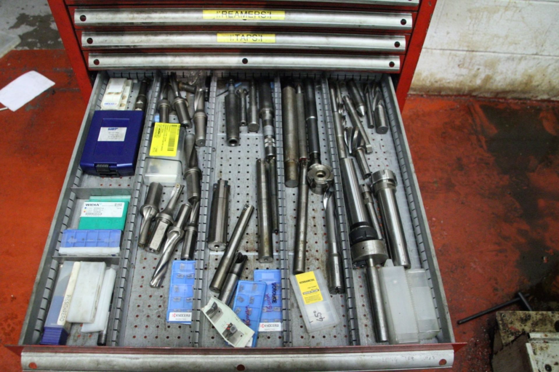 MULTI-DRAWER STEEL MOBILE CABINET, with contents including drills, inserts and machine tooling, with - Image 13 of 22