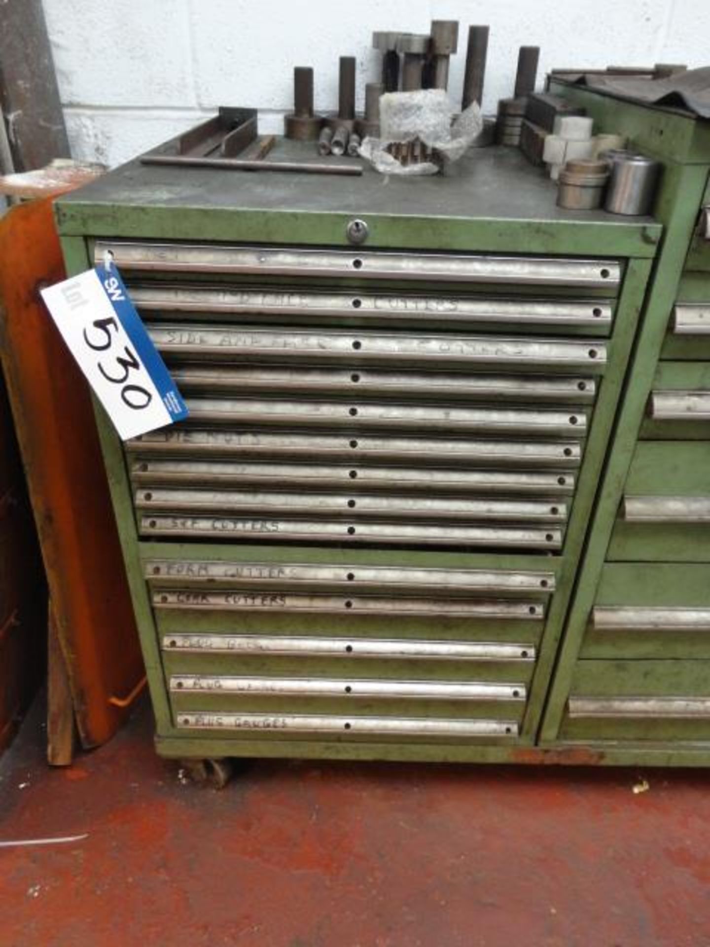 Multi-Compartment Workshop Cabinet, with contents including gear cutter and plugs gauges