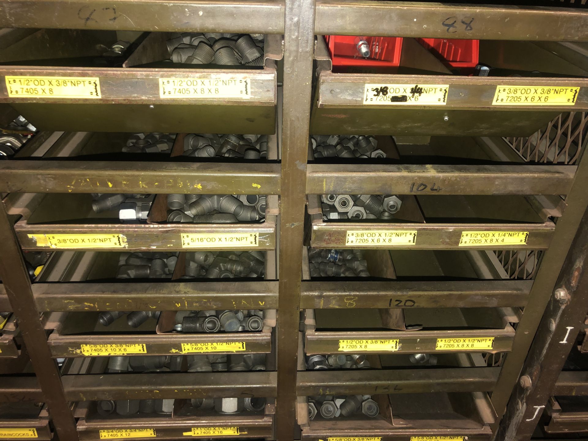 Multi-Drawer Shelving, with stock including needle valves, male elbows, ball valves, shut-offs - Image 14 of 17