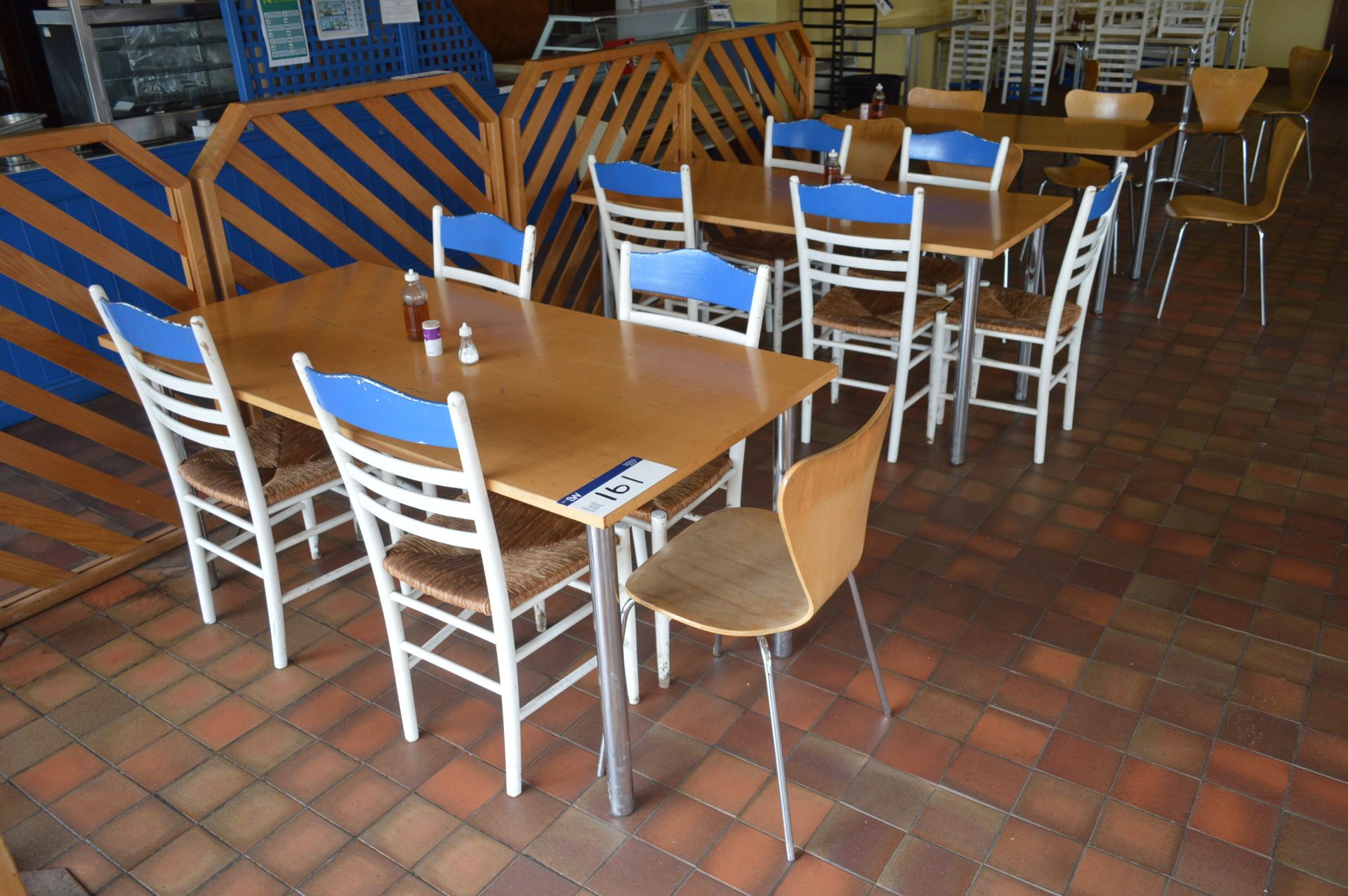 Three Steel Framed Canteen Tables, with 15 assorted stand chairs