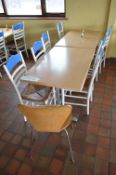 Two Steel Framed Canteen Tables, with eight mainly wood framed stand chairs
