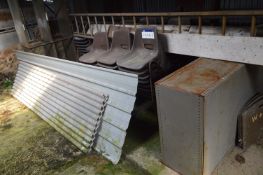 Approx. 56 Plastic Moulded Stacking Chairs, with timber ladders, three angle steel racks and roofing
